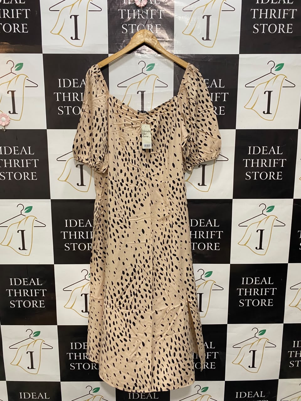 FRIENDS LIKE THESE |L| BUST 20| A20| NUDE AND BLACK ANIMAL PRINT PUFF SLEEVE MIDI DRESS