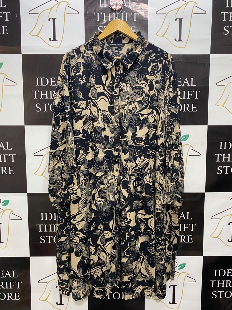 CAPSULE |L| BUST 19| A20| NAVY BLUE AND BEIGE FLORAL PRINT BUTTON-DOWN SHIRT DRESS