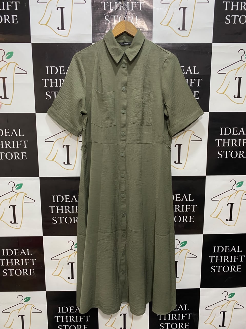GEORGE |L| BUST 20| A20| OLIVE GREEN SHORT SLEEVE BUTTON-DOWN SHIRT DRESS