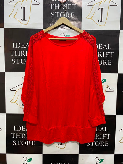 F&F |L| BUST FREE| A20| VIBRANT RED LACE-TRIM SLEEVE TOP