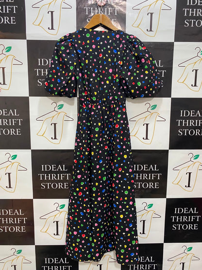 NEW LOOK |S| BUST 15| A20| BLACK MULTICOLOR SPOT PRINT PUFF SLEEVE MIDI DRESS