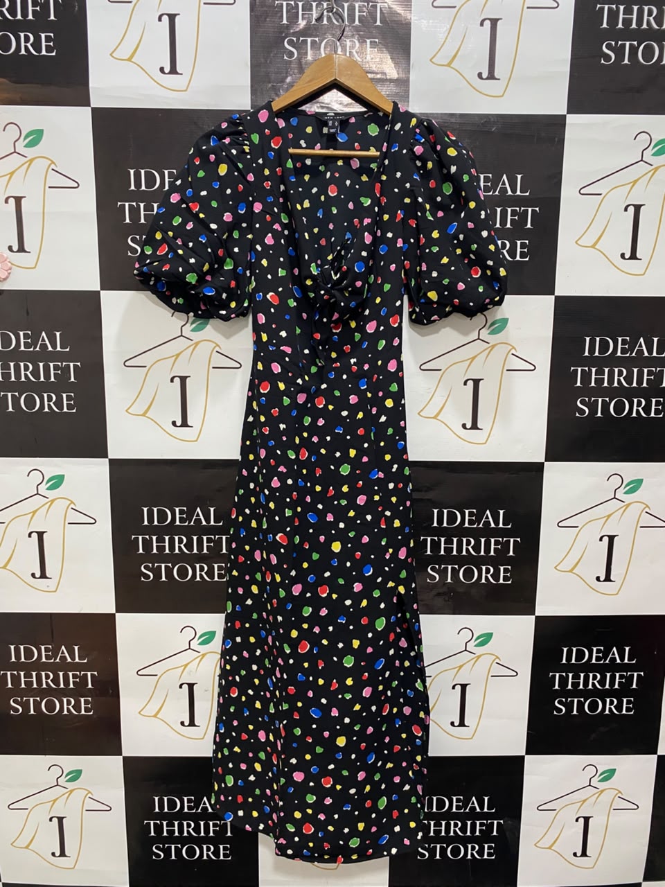 NEW LOOK |S| BUST 15| A20| BLACK MULTICOLOR SPOT PRINT PUFF SLEEVE MIDI DRESS