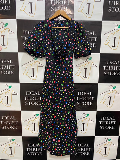 NEW LOOK |S| BUST 15| A20| BLACK MULTICOLOR SPOT PRINT PUFF SLEEVE MIDI DRESS