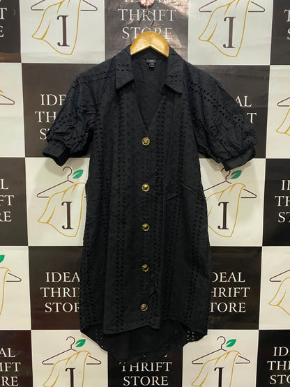 RIVER ISLAND |S| BUST 19| A20| BLACK EYELET EMBROIDERY BUTTON-UP SHIRT DRESS