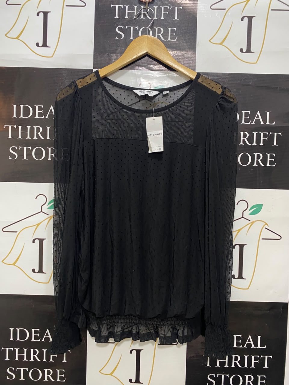 MATERNITY |S| BUST 17| A20| BLACK SHEER DOT LONG SLEEVE TOP