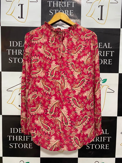 DUNNES |L| BUST 22| A20| PINK PAISLEY PRINT RUFFLE NECK LONG SLEEVE BLOUSE