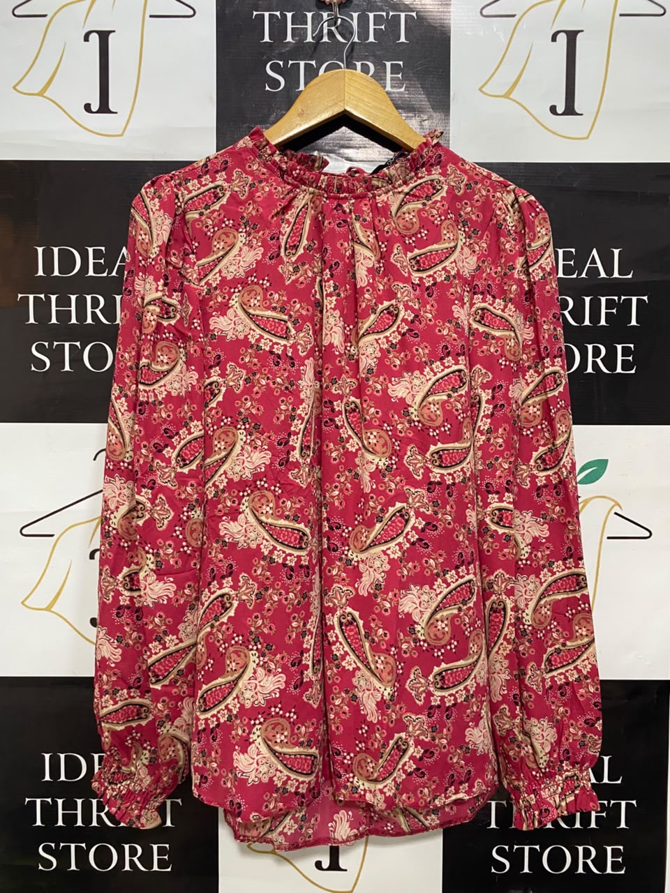 DUNNES |L| BUST 22| A20| PINK PAISLEY PRINT RUFFLE NECK LONG SLEEVE BLOUSE