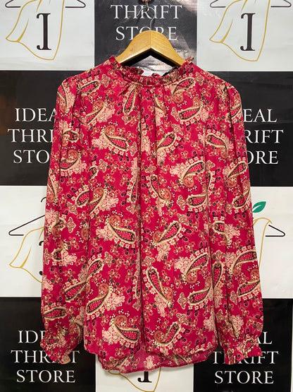 DUNNES |L| BUST 22| A20| PINK PAISLEY PRINT RUFFLE NECK LONG SLEEVE BLOUSE