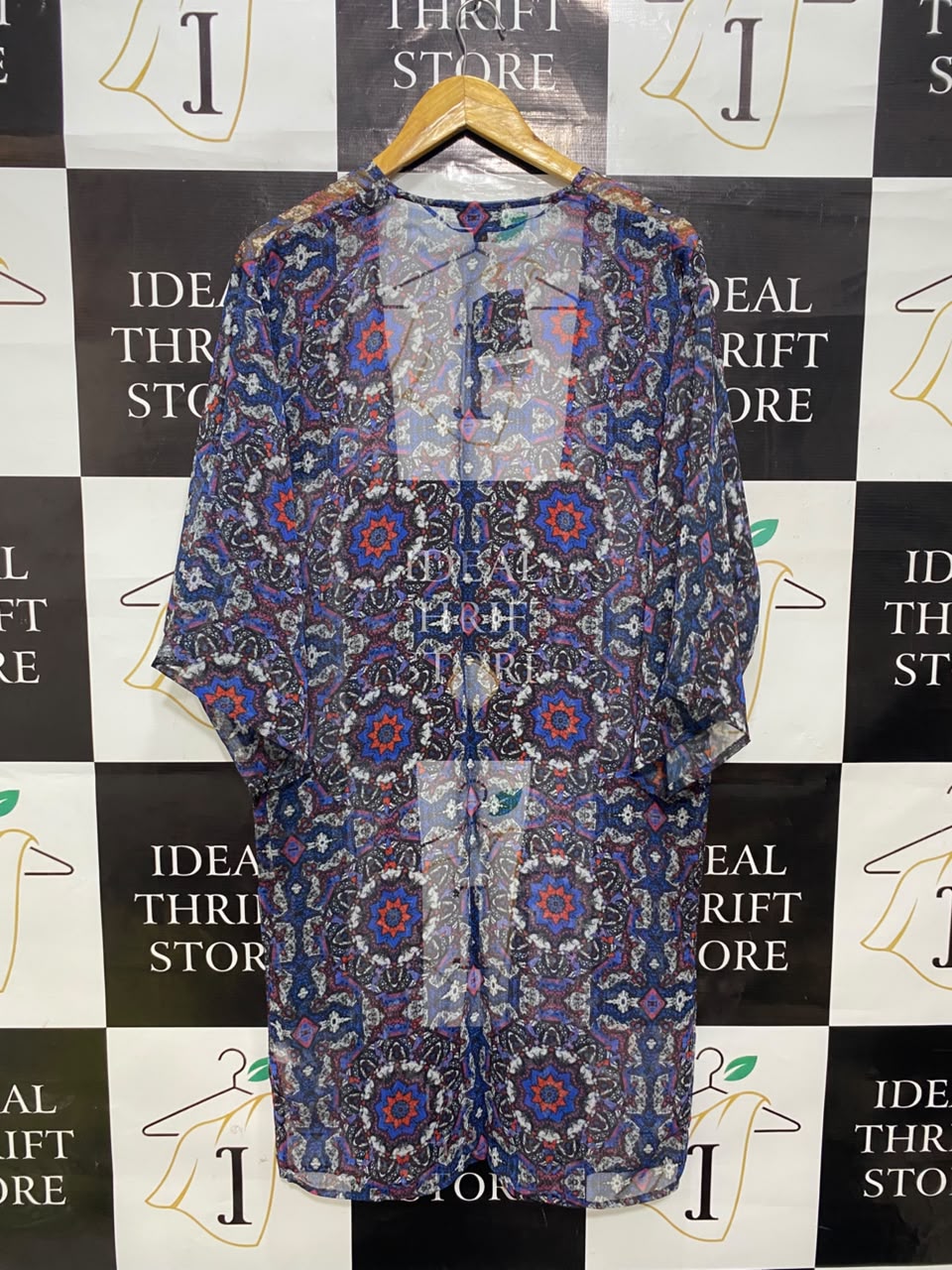 TOP SHOP |S| BUST 20| A20| BLUE AND RED GEOMETRIC MANDALA PRINT KIMONO CARDIGAN