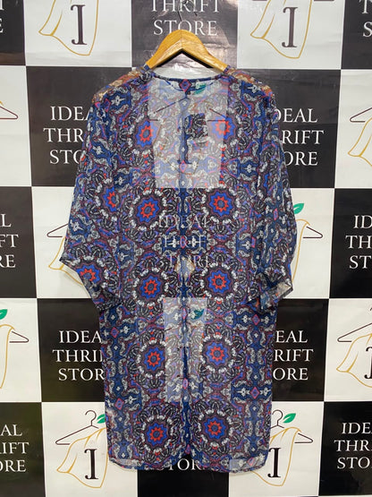 TOP SHOP |S| BUST 20| A20| BLUE AND RED GEOMETRIC MANDALA PRINT KIMONO CARDIGAN