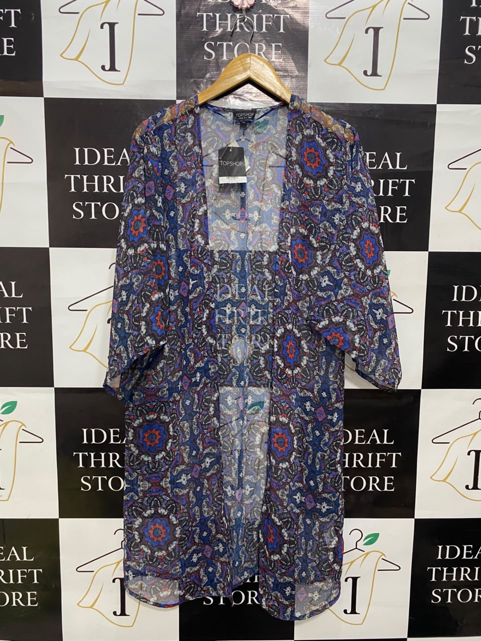 TOP SHOP |S| BUST 20| A20| BLUE AND RED GEOMETRIC MANDALA PRINT KIMONO CARDIGAN