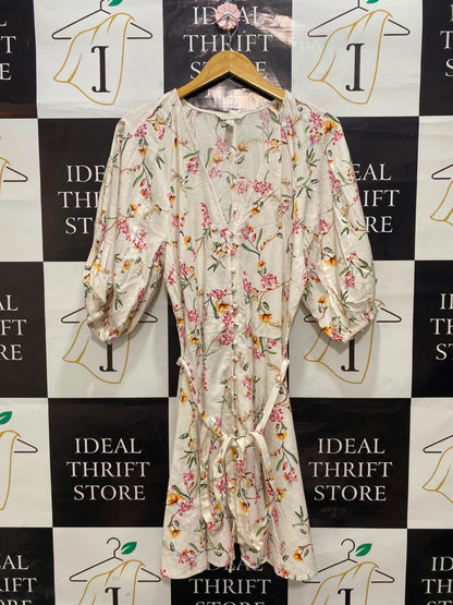 H&M |XL| BUST 21| A20| CREAM AND PINK FLORAL PRINT BUTTON-FRONT MIDI DRESS