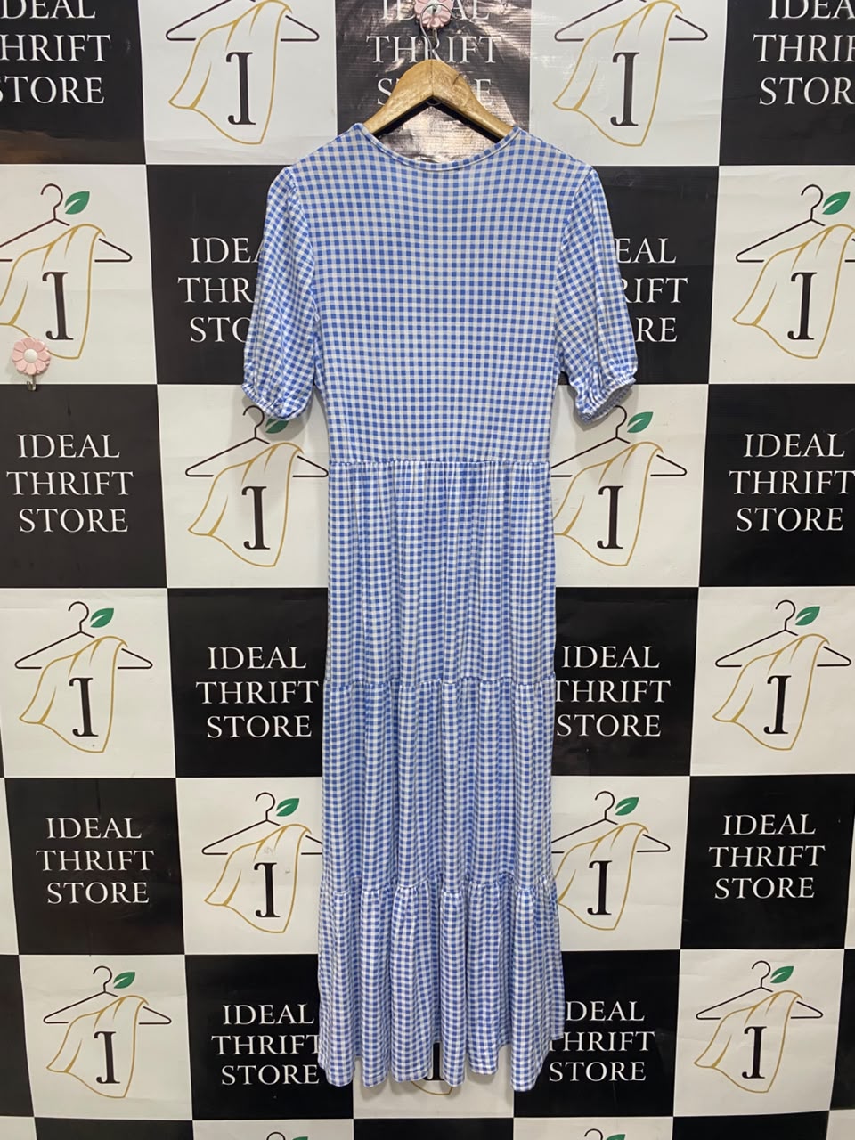 IN THE STYLE |S| BUST 16| A20| BLUE AND WHITE GINGHAM CHECK V-NECK TIERED MIDI DRESS
