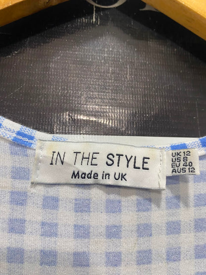 IN THE STYLE |S| BUST 16| A20| BLUE AND WHITE GINGHAM CHECK V-NECK TIERED MIDI DRESS