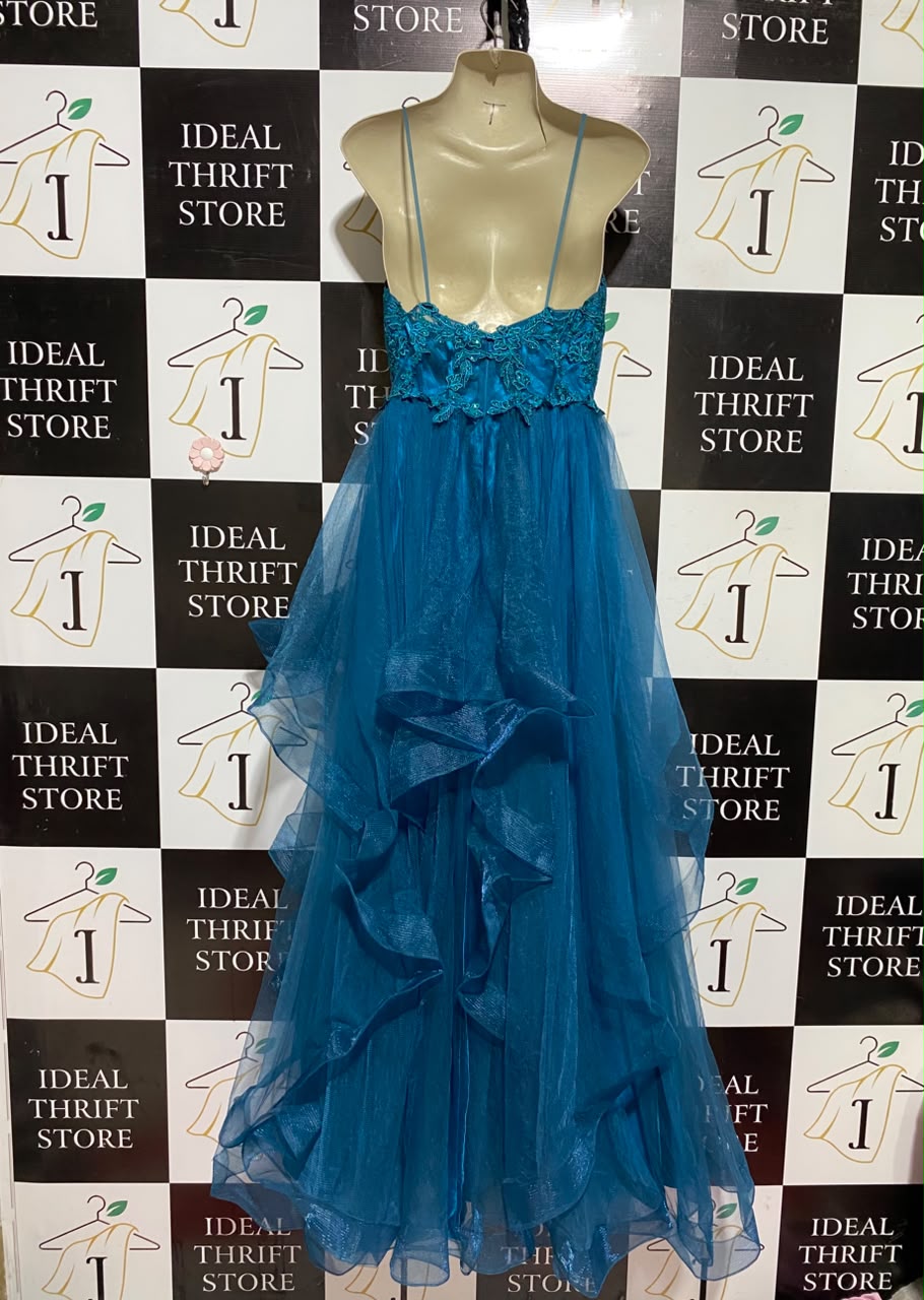 SIGNATURE COLLECTION |S| BUST 18| B46| TEAL LACE EMBELLISHED TIERED RUFFLE GOWN