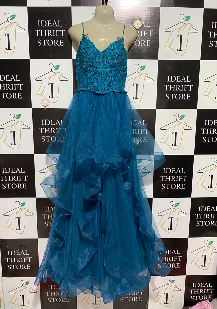SIGNATURE COLLECTION |S| BUST 18| B46| TEAL LACE EMBELLISHED TIERED RUFFLE GOWN