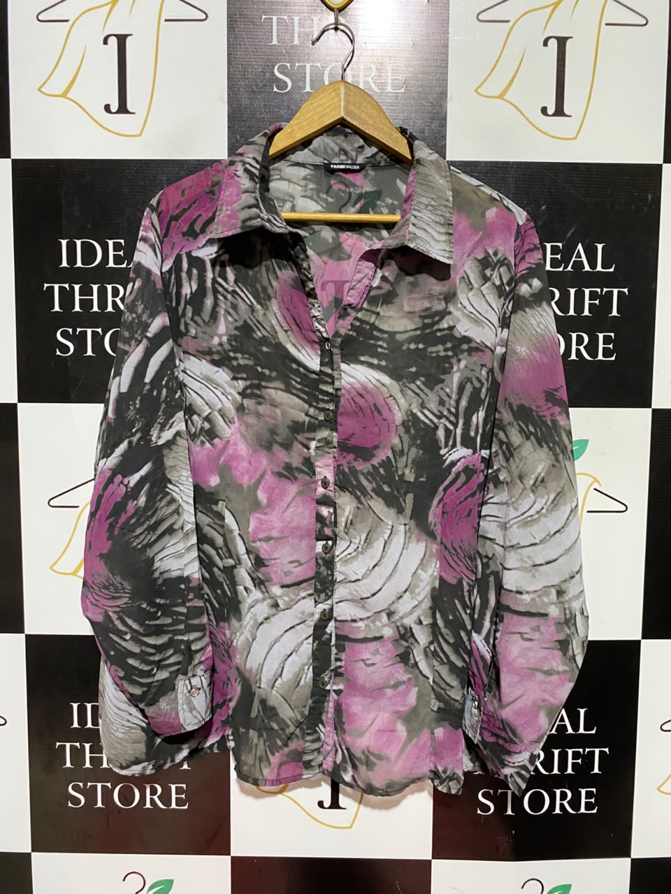 FRANK WALDER |L| BUST 26| A1| PINK AND GREY ABSTRACT FLORAL PRINT BUTTON-DOWN SHIRT