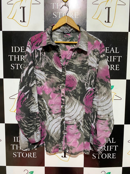 FRANK WALDER |L| BUST 26| A1| PINK AND GREY ABSTRACT FLORAL PRINT BUTTON-DOWN SHIRT