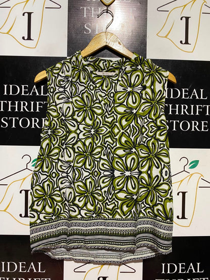 TU WOMAN |M| BUST 18| A1| OLIVE GREEN AND WHITE FLORAL PRINT SLEEVELESS TOP