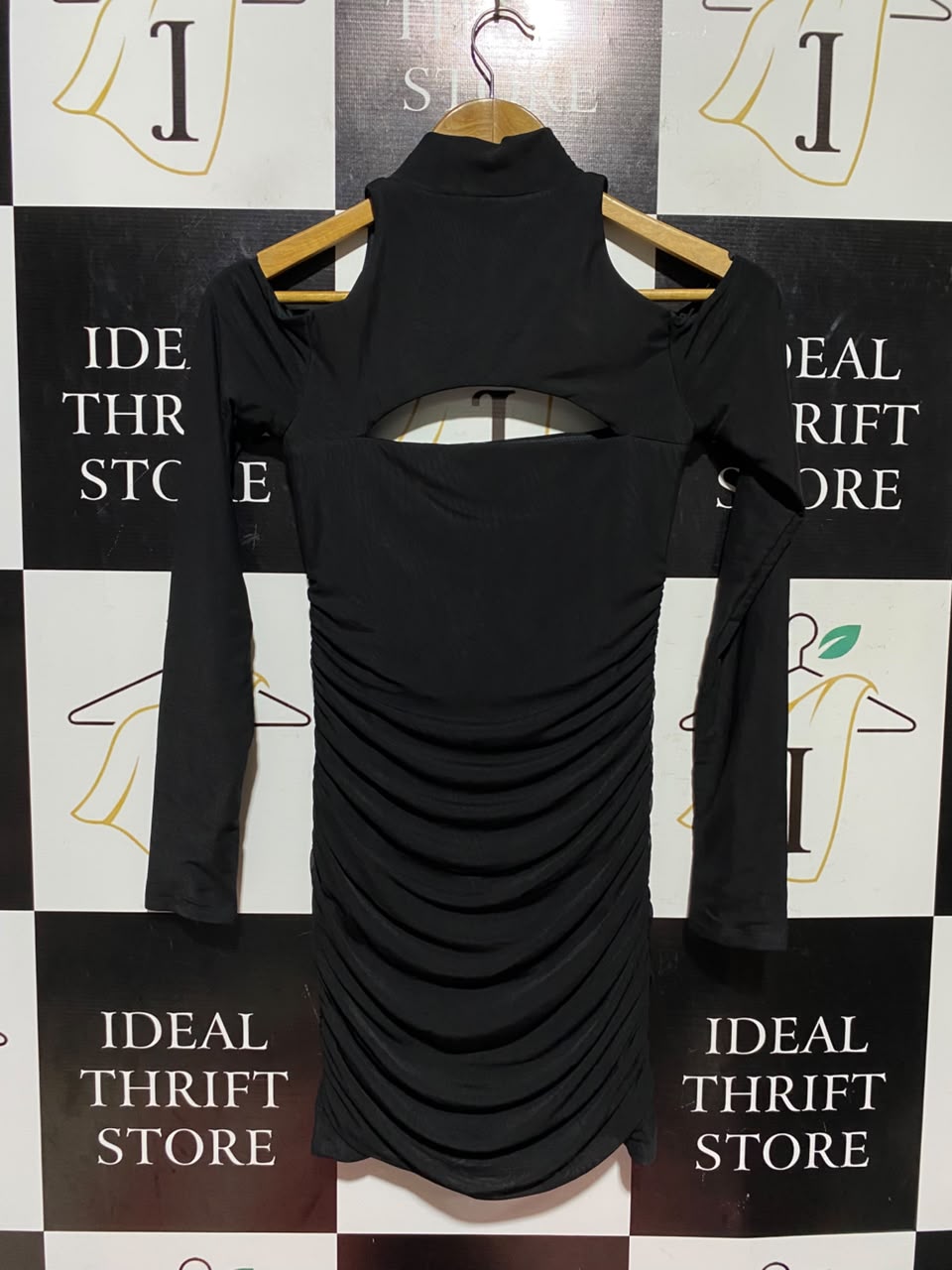 OH POLLY |XS| BUST 13| A1| BLACK MOCK NECK COLD SHOULDER RUFFLED BODYCON DRESS