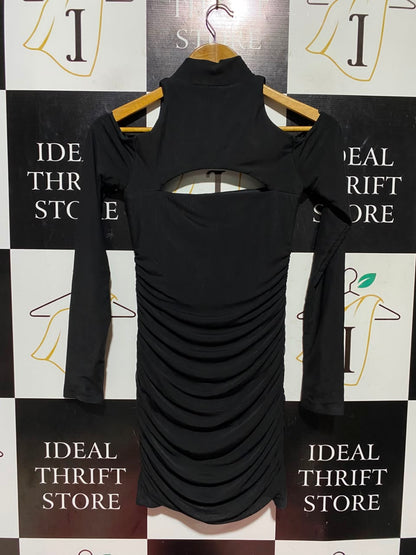 OH POLLY |XS| BUST 13| A1| BLACK MOCK NECK COLD SHOULDER RUFFLED BODYCON DRESS