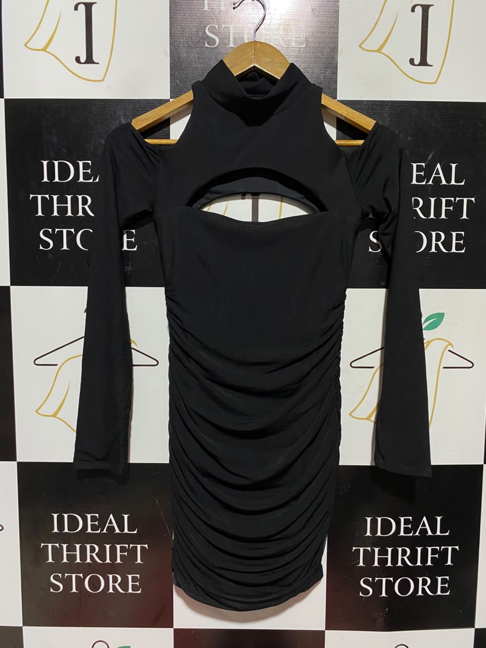 OH POLLY |XS| BUST 13| A1| BLACK MOCK NECK COLD SHOULDER RUFFLED BODYCON DRESS