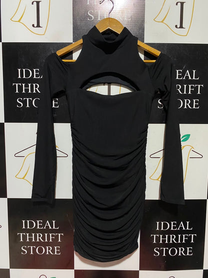 OH POLLY |XS| BUST 13| A1| BLACK MOCK NECK COLD SHOULDER RUFFLED BODYCON DRESS