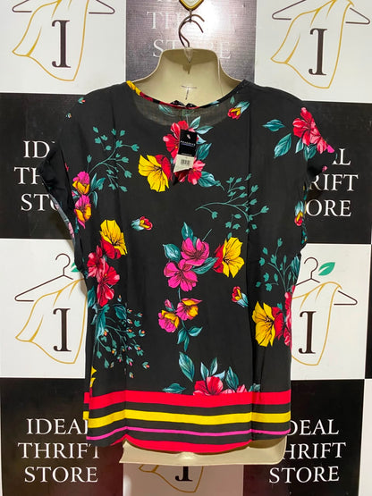 PEACOCKS |M|  BUST 21| A19| BLACK MULTICOLOR FLORAL PRINT SHORT SLEEVE TOP