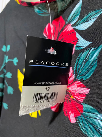 PEACOCKS |M|  BUST 21| A19| BLACK MULTICOLOR FLORAL PRINT SHORT SLEEVE TOP