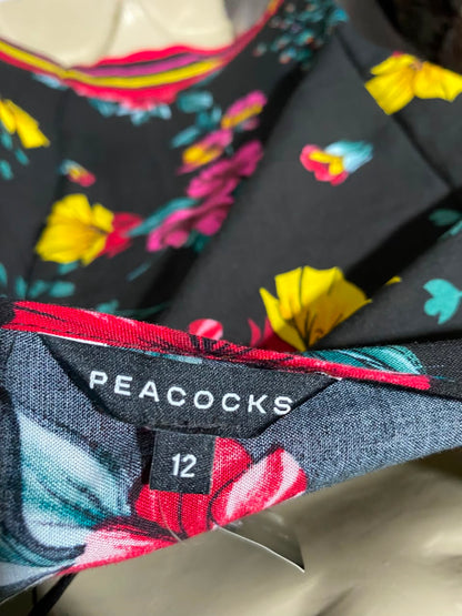 PEACOCKS |M|  BUST 21| A19| BLACK MULTICOLOR FLORAL PRINT SHORT SLEEVE TOP