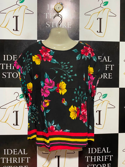 PEACOCKS |M|  BUST 21| A19| BLACK MULTICOLOR FLORAL PRINT SHORT SLEEVE TOP