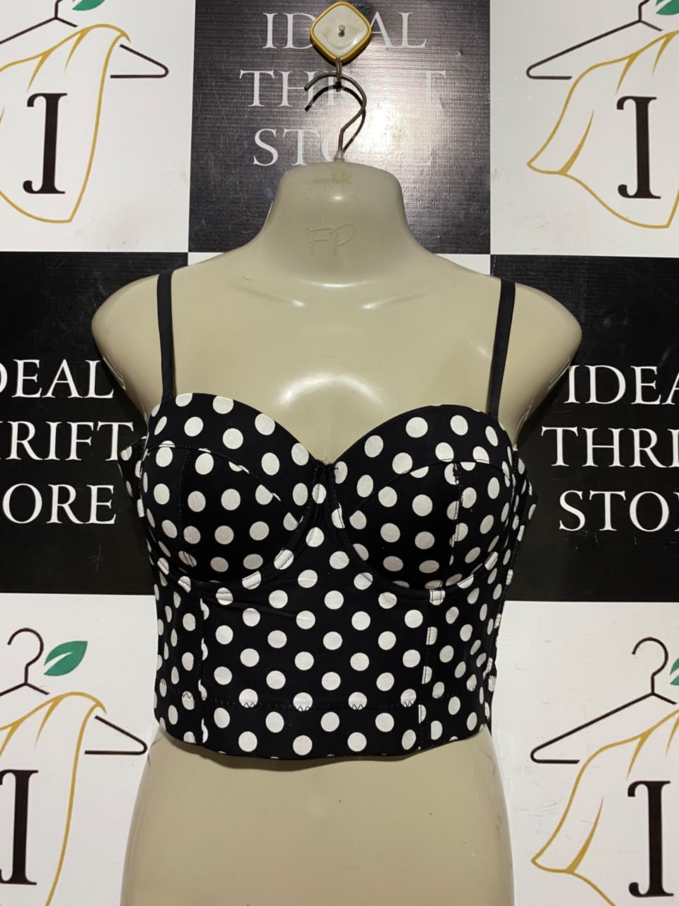 |S| BUST 16| A19| BLACK AND WHITE POLKA DOT BUSTIER CROP TOP
