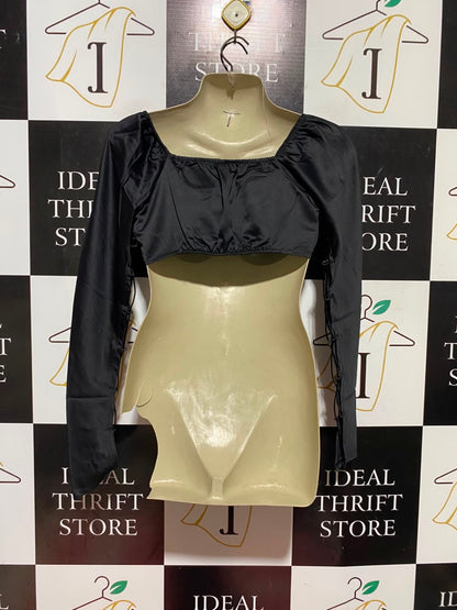 MADE IN MOROCCO |M| BUST 16| A19| BLACK SATIN OFF-SHOULDER RUCHED LONG SLEEVE CROP TOP
