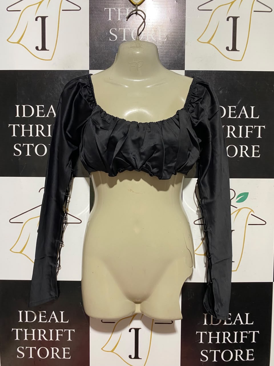 MADE IN MOROCCO |M| BUST 16| A19| BLACK SATIN OFF-SHOULDER RUCHED LONG SLEEVE CROP TOP