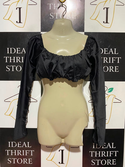 MADE IN MOROCCO |M| BUST 16| A19| BLACK SATIN OFF-SHOULDER RUCHED LONG SLEEVE CROP TOP