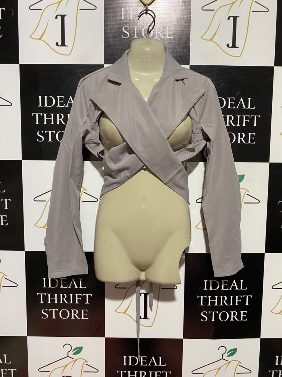 |S| BUST 16| A19| GREY CROSSOVER WRAP BLAZER CROP TOP
