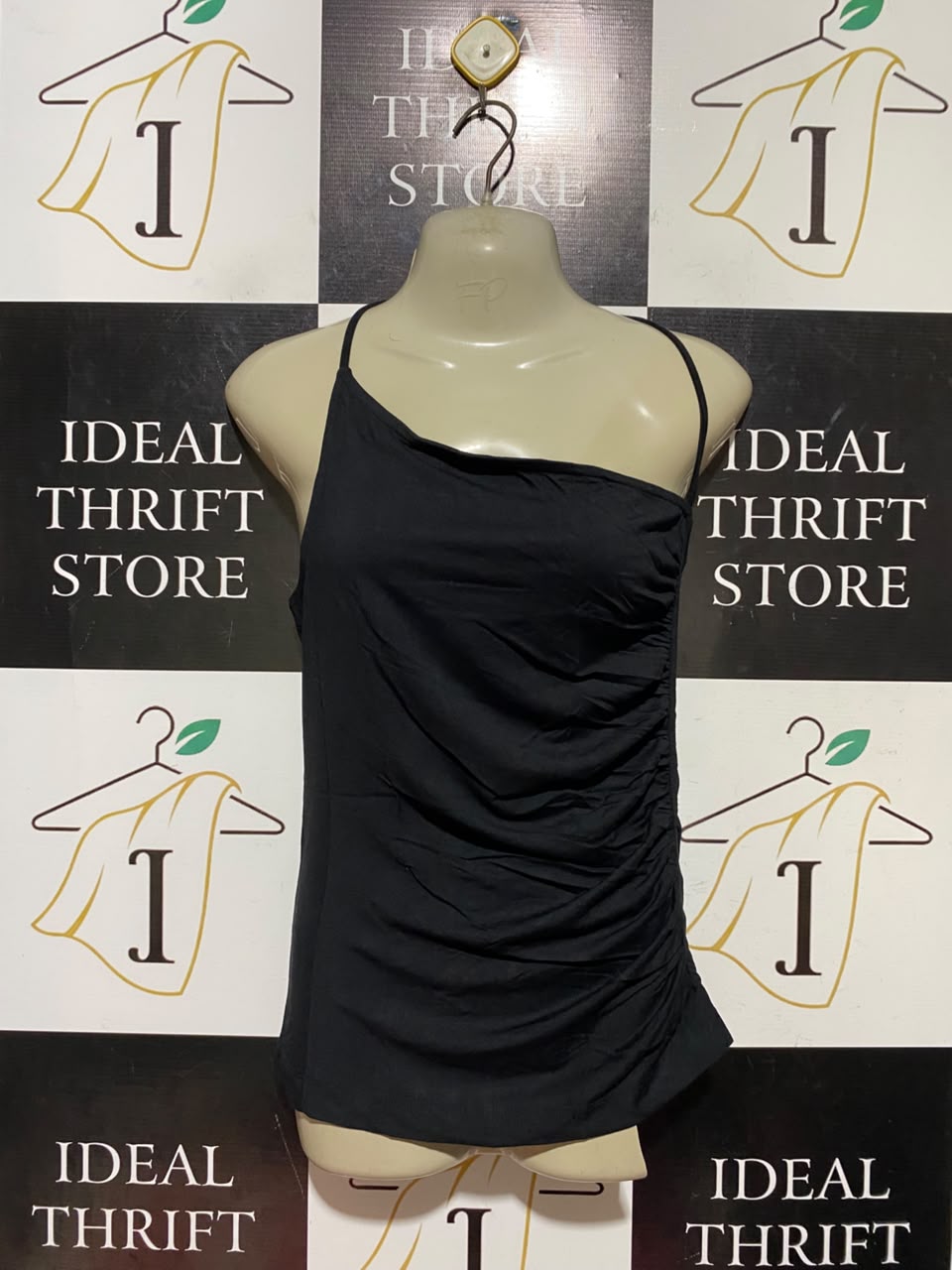 ME EM |S| BUST 15 | A19| BLACK ASYMMETRIC ONE-SHOULDER RUCHED TANK TOP