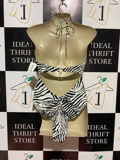 RIVER ISLAND |S| BUST 17| A19| BLACK AND WHITE ZEBRA PRINT HALTER CUTOUT ONE-PIECE SWIMSUIT