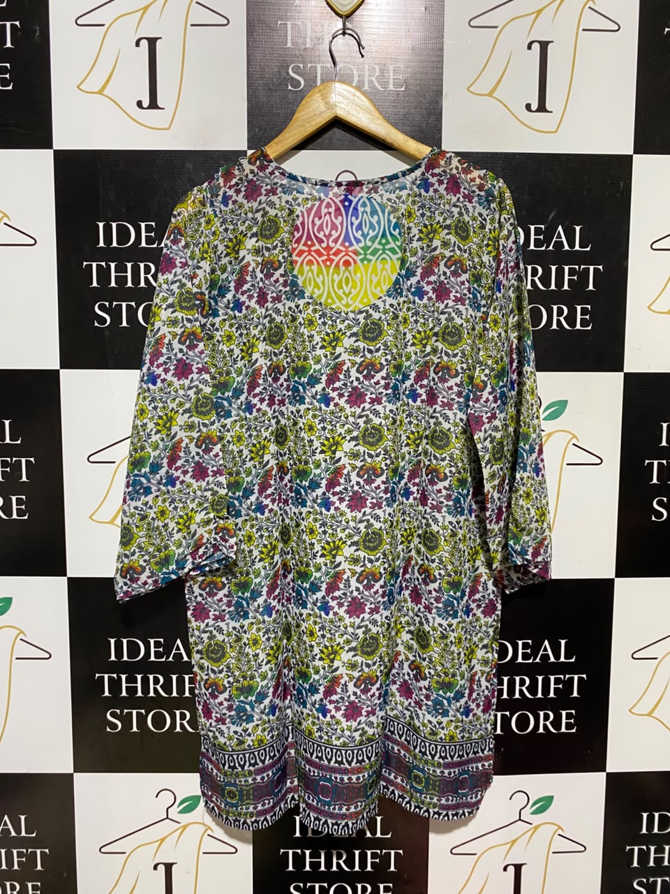 |XL| BUST 23| A19| MULTICOLOR BOHEMIAN FLORAL TIE-NECK TUNIC DRESS
