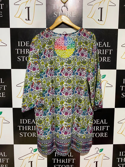 |XL| BUST 23| A19| MULTICOLOR BOHEMIAN FLORAL TIE-NECK TUNIC DRESS