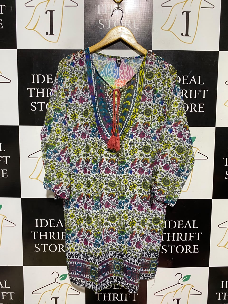 |XL| BUST 23| A19| MULTICOLOR BOHEMIAN FLORAL TIE-NECK TUNIC DRESS