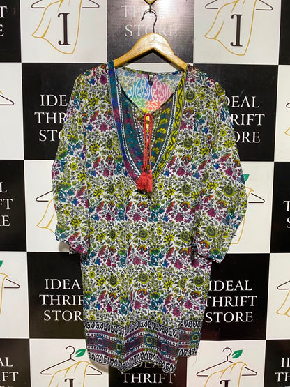 |XL| BUST 23| A19| MULTICOLOR BOHEMIAN FLORAL TIE-NECK TUNIC DRESS