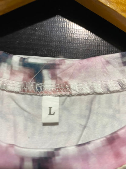 |L| BUST 21| A19| PINK AND WHITE PLAID TWEED-PRINT SHORT SLEEVE T-SHIRT