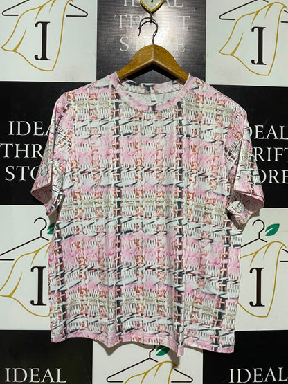 |L| BUST 21| A19| PINK AND WHITE PLAID TWEED-PRINT SHORT SLEEVE T-SHIRT