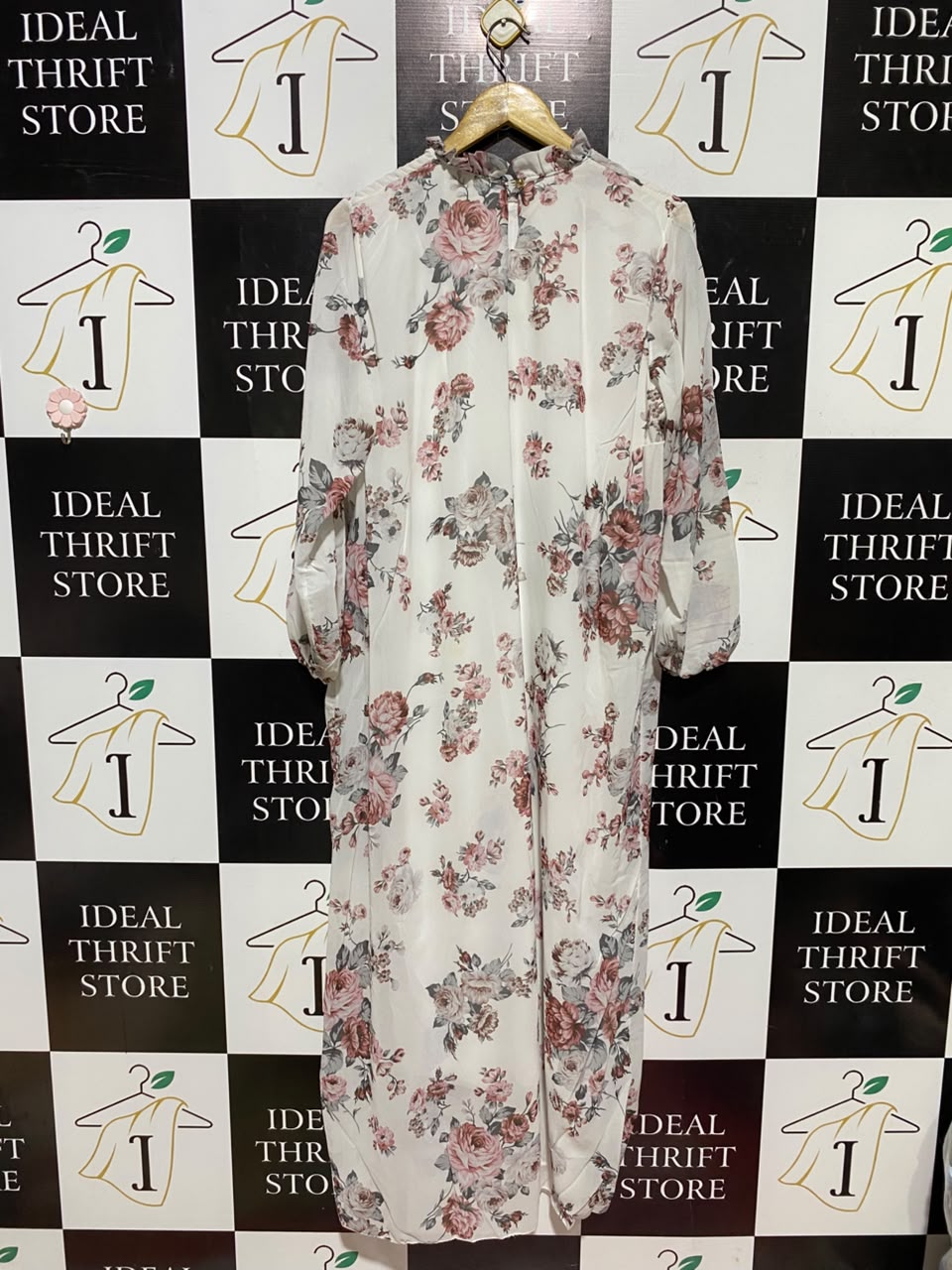 |XL| BUST 24| A19| WHITE AND PINK VINTAGE ROSE PRINT RUFFLE-COLLAR LONG DRESS