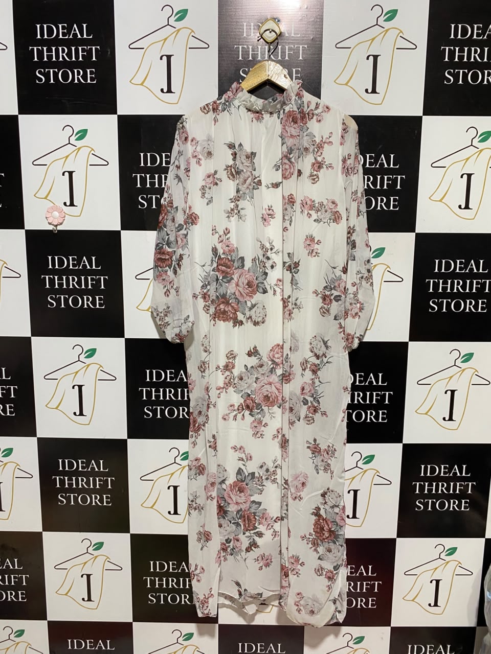 |XL| BUST 24| A19| WHITE AND PINK VINTAGE ROSE PRINT RUFFLE-COLLAR LONG DRESS