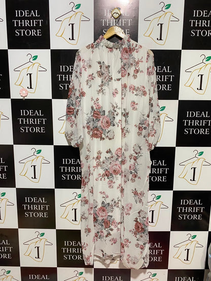 |XL| BUST 24| A19| WHITE AND PINK VINTAGE ROSE PRINT RUFFLE-COLLAR LONG DRESS