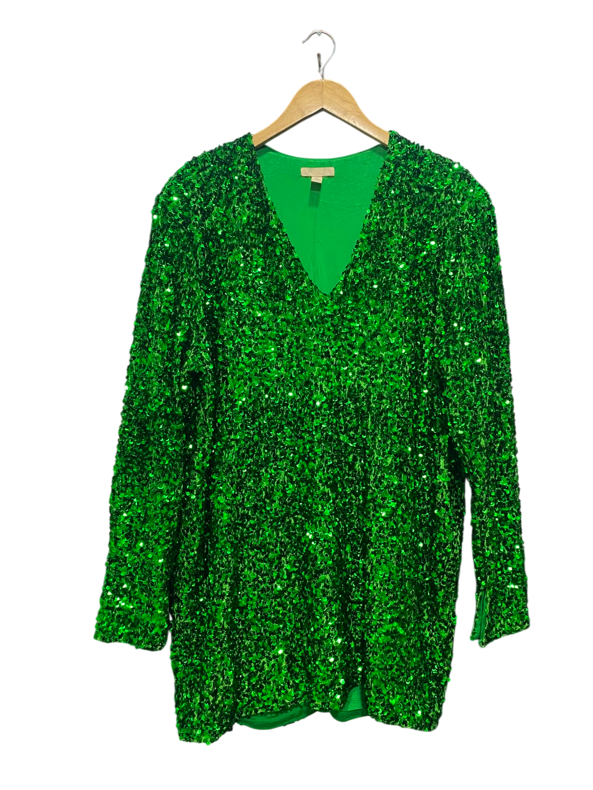 H&M |L| BUST 23| A20| EMERALD GREEN SEQUIN V-NECK LONG SLEEVE PARTY DRESS GLAMOUR MINI DRESS