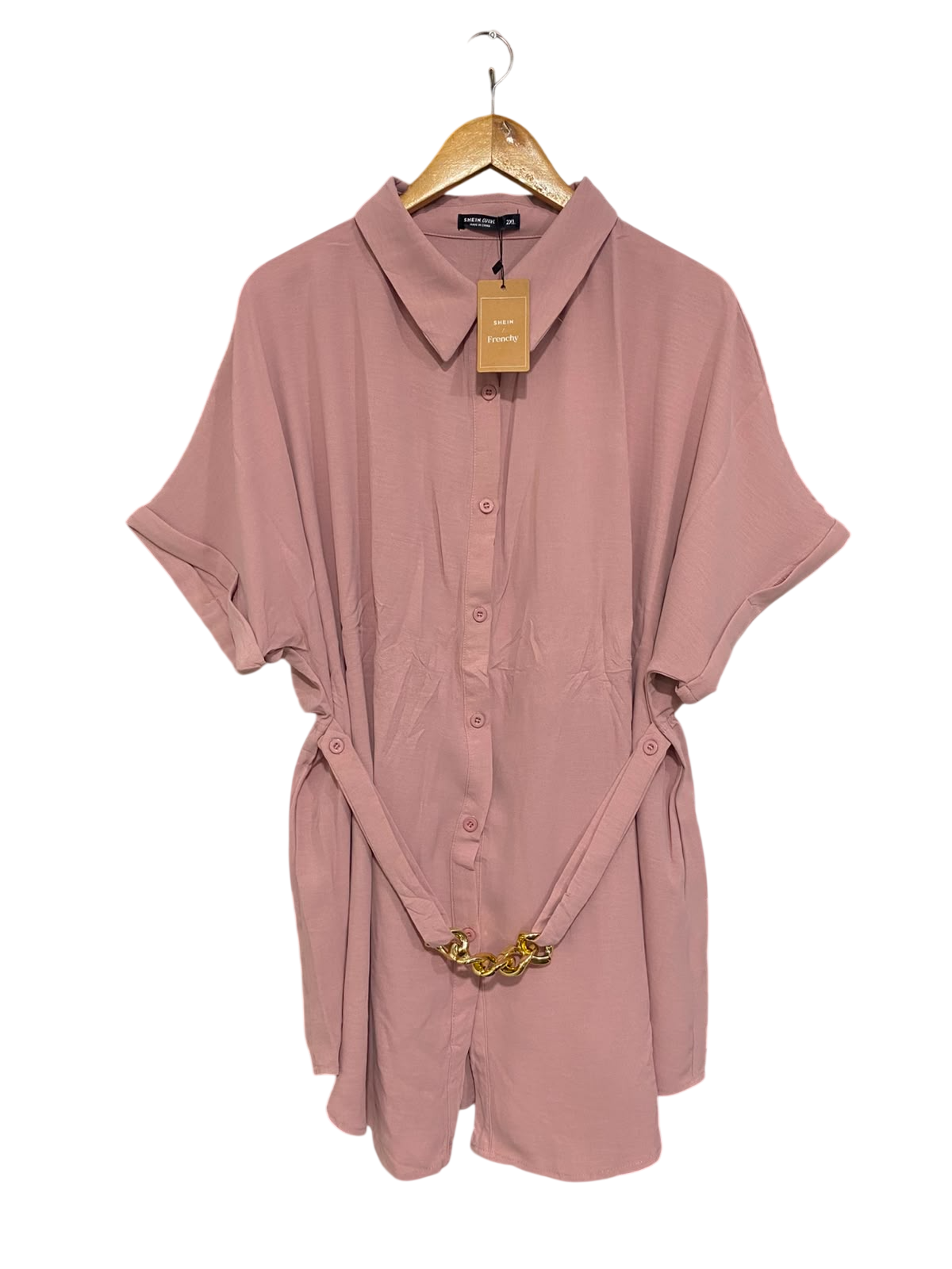 SHEIN CURVE |XL| BUST FREE| A20| DUSTY PINK BUTTON-UP SHIRT DRESS GOLD CHAIN BELT CASUAL TUNIC