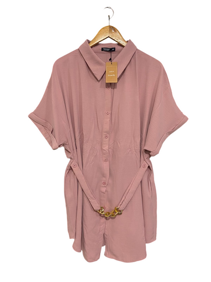 SHEIN CURVE |XL| BUST FREE| A20| DUSTY PINK BUTTON-UP SHIRT DRESS GOLD CHAIN BELT CASUAL TUNIC